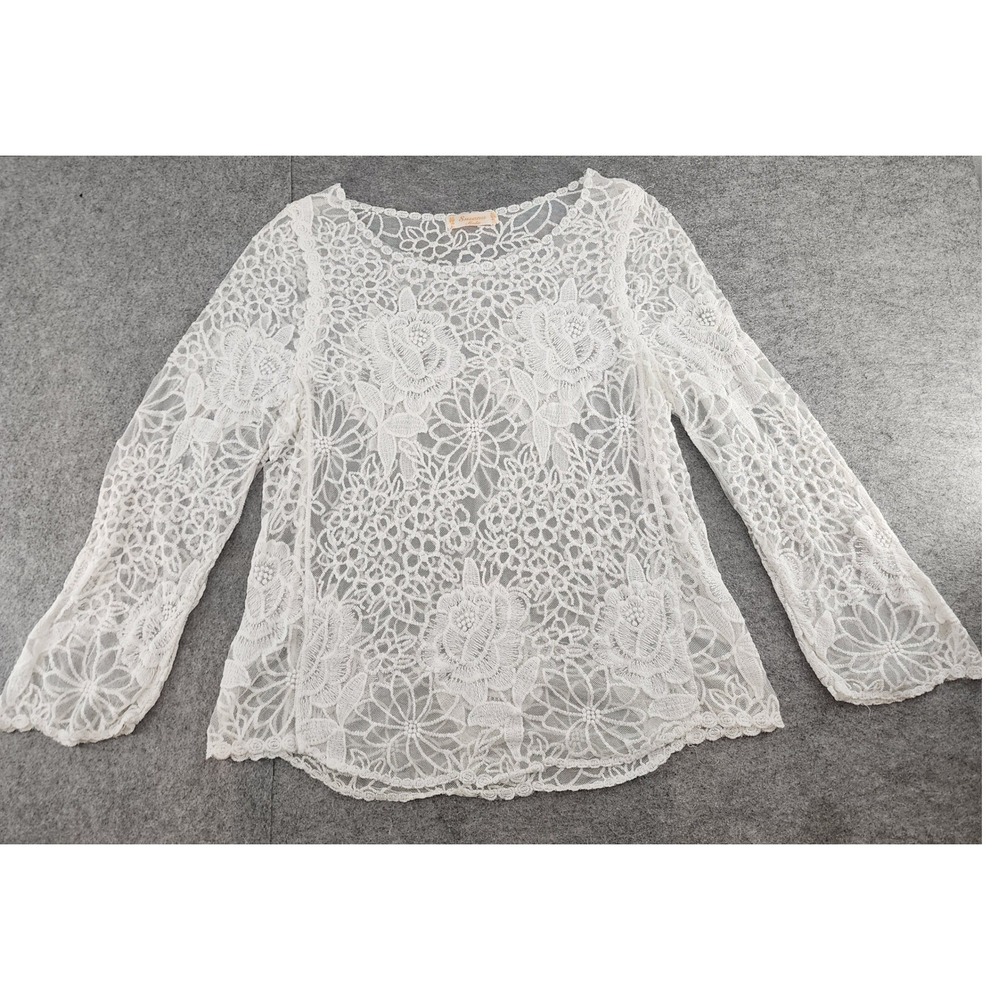 Susana Moda Cream Floral Lace Sheer Long Sleeve Boho Top Women One Size